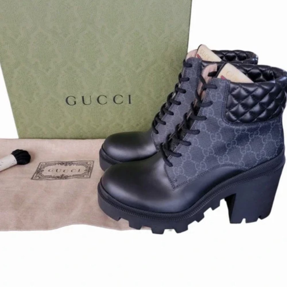 Gucci Calfskin GG Supreme Monogram Nappa Leather Quilted Lace Up Ankle Boots